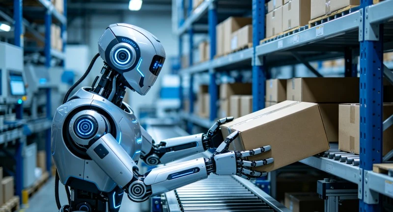 Industrial humanoid robot performing picking tasks in a high-tech warehouse to improve ROI Industrial humanoid robot performing picking tasks in a high-tech warehouse to improve ROI